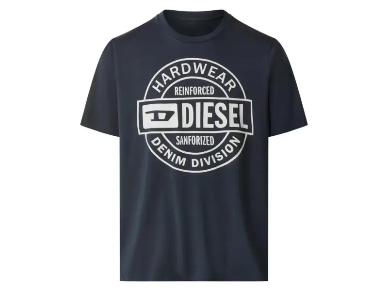 Granatowy T-shirt męski Diesel z białym okrągłym nadrukiem "HARDWEAR REINFORCED DIESEL SANFORIZED DENIM DIVISION".