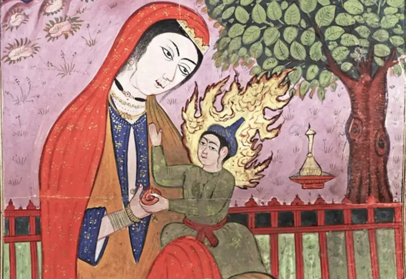Eine Illustration von Maria im Islam. Sie hält ein Kind, das von Flammen umgeben ist.