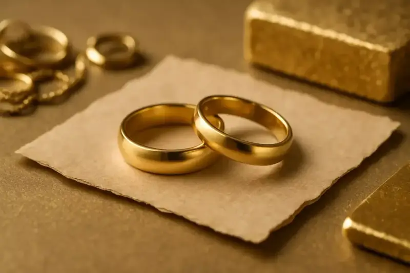 Dwa złote obrączki na papierze. Zastanawiasz się, ile kosztuje zrobienie obrączek z własnego złota? Obok sztabka złota.