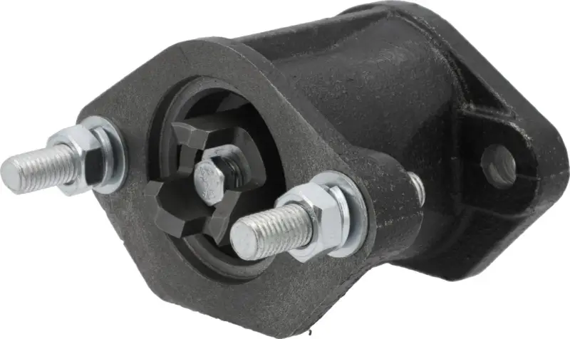 Czarne, metalowe mocowanie z ząbkowanym mechanizmem i śrubami, idealne jako adapter wom.