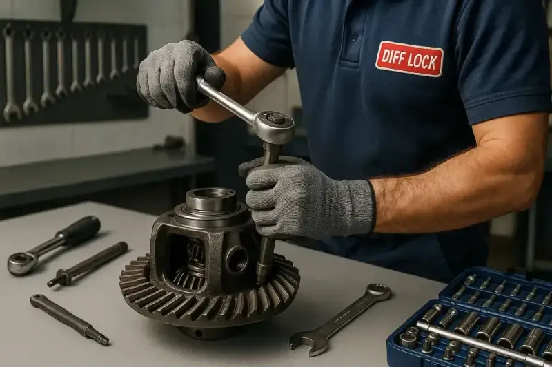Mechanik w rękawiczkach dokręca śrubę w dyfrze. Na stole narzędzia i skrzynka z nasadkami.