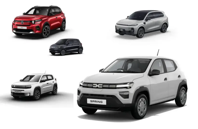 Szukasz najtańszych samochodów elektrycznych? Zobacz te modele: czerwony E-C3, czarny miejski, biały Panda, szary B10 i biały Spring.