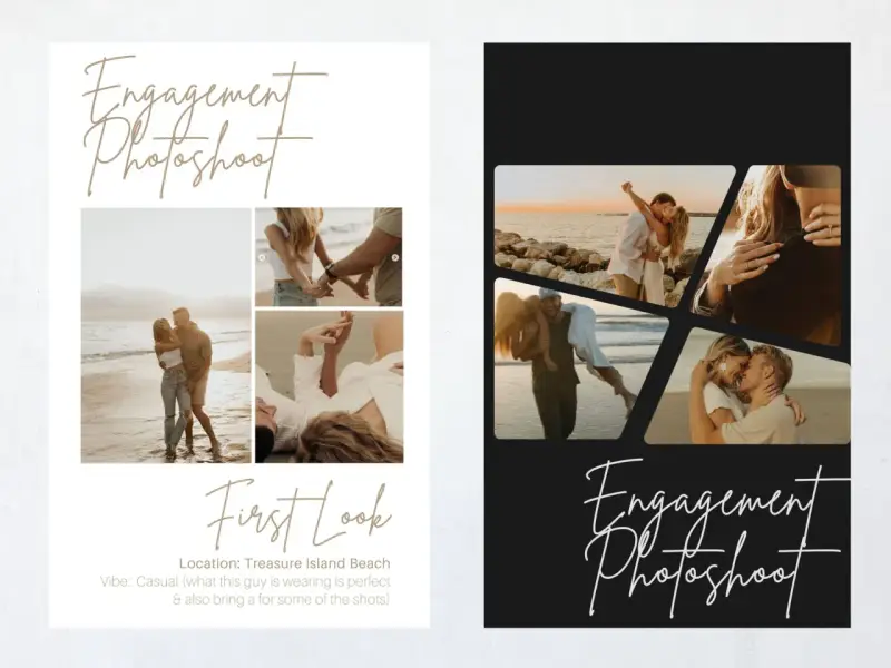 Moodboard z romantycznymi zdjęciami pary na plaży. Ujęcia obejmują pocałunki, trzymanie się za ręce i czułe momenty.