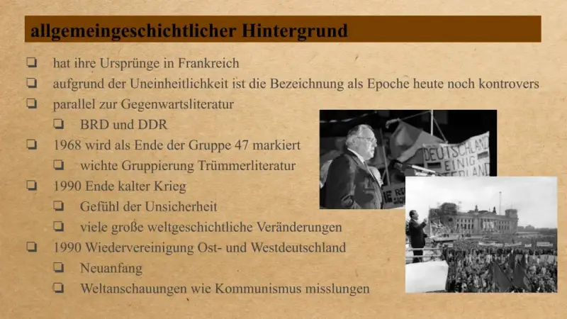 Liste von Stichpunkten zur postmoderne, mit Bildern von Rednern und Menschenmengen, die historische Ereignisse wie die Wiedervereinigung Deutschlands symbolisieren.