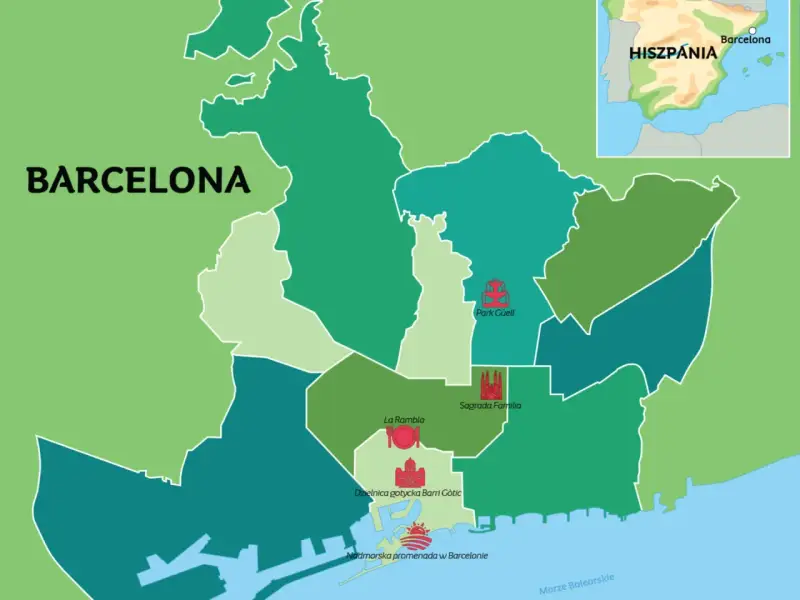 Mapa Barcelony z zaznaczonymi atrakcjami: Park Güell, Sagrada Familia, La Rambla, Dzielnica gotycka Barri Gòtic, promenada. Gdzie jest Barcelona? W Hiszpanii.