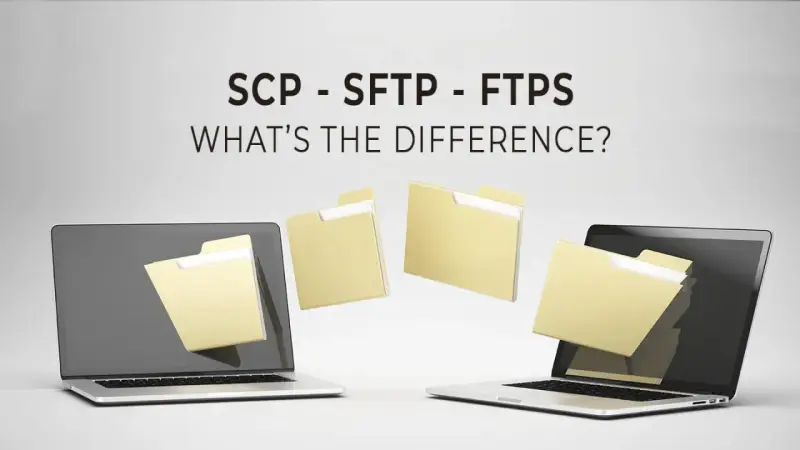 Dwa laptopy i foldery unoszące się w powietrzu, ilustrujące różnice między SCP, SFTP i FTPS.