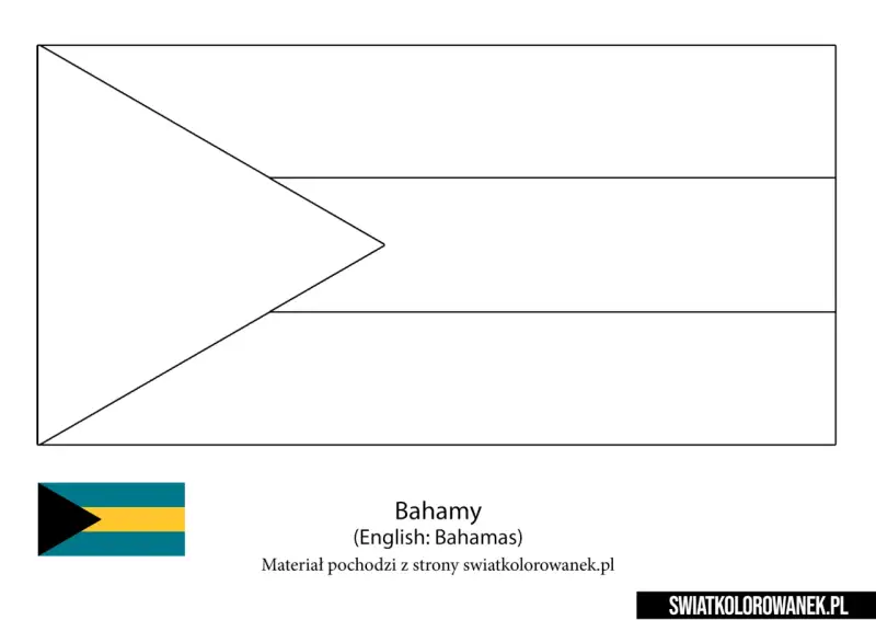 Szkic flagi Bahamów z czarnym trójkątem i żółto-turkusowymi pasami.