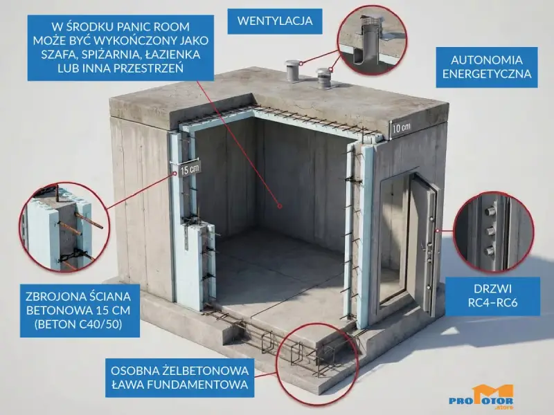 Schron przydomowy z żelbetonową ławą, zbrojonymi ścianami 15 cm, wentylacją i drzwiami RC4-RC6. W środku może być panic room.
