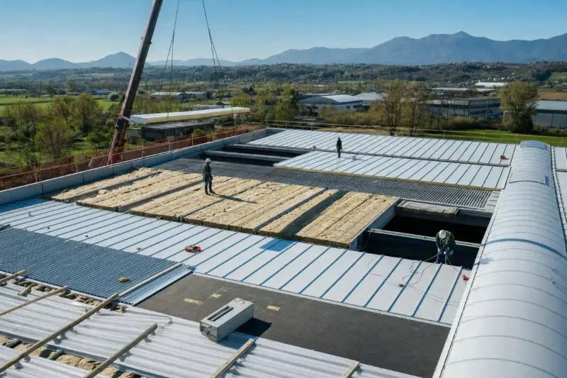 Operai installano pannelli isolanti su un tetto, riducendo il rumore. Un cantiere in corso con montagne sullo sfondo.