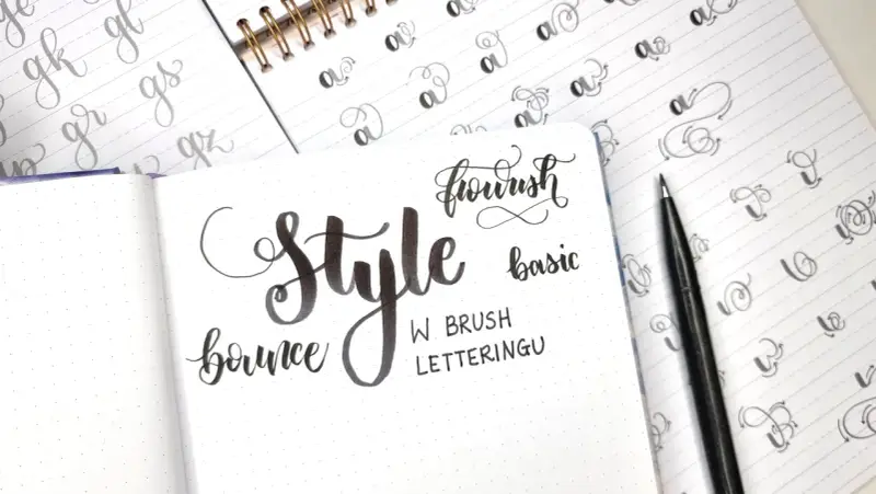 Ćwiczenia kaligraficzne: "Style", "bounce", "flourish", "basic" i litery w różnych wariantach kroju pisma.