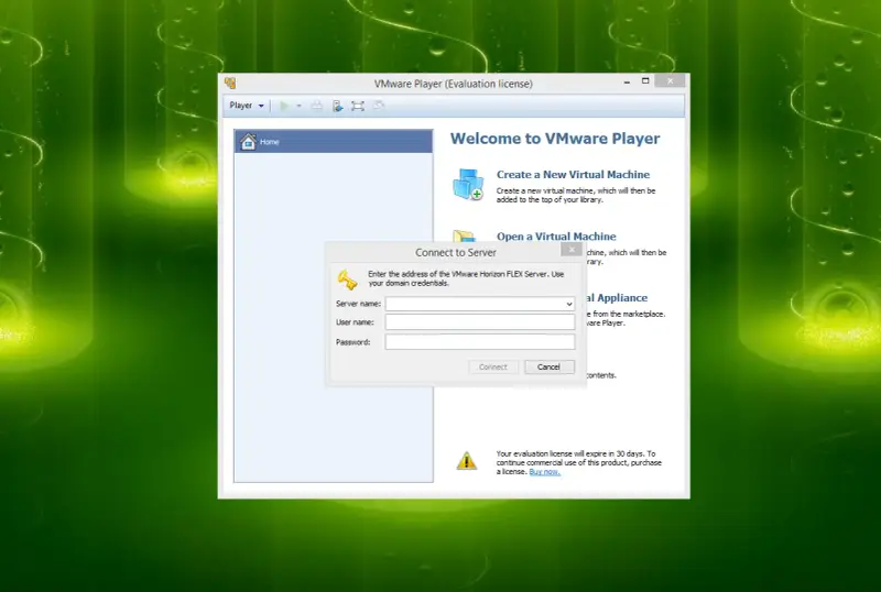 Okno programu VMware Player z prośbą o podanie danych logowania do serwera.