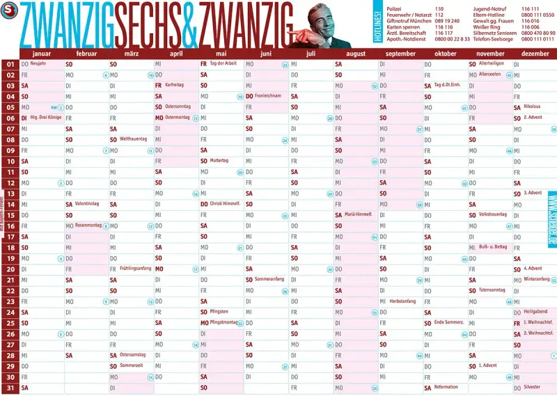 Kalender 2026 mit Monaten, Tagen und Feiertagen in Bayern.