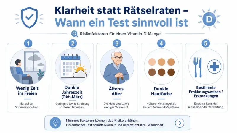 Risikofaktoren für Vitamin-D-Mangel: wenig Zeit draußen, dunkle Jahreszeit, höheres Alter, dunkle Hautfarbe, bestimmte Ernährung/Erkrankungen. Ein Test gibt Klarheit, wie lange es dauert, bis Vitamin D-Mangel behoben ist.