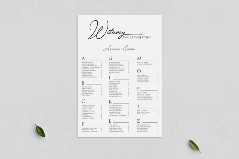 Lista gości weselnych z podziałem na stoliki. Znajdź swoje miejsce przy stoliku A, B, C, F, G, I, K, L, M, O, P, T lub Z.