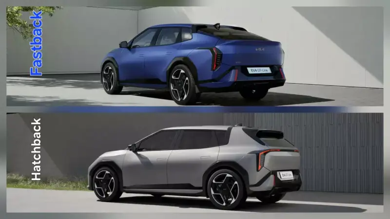 Dwa warianty Kii EV4: niebieski fastback i srebrny hatchback, pokazane z tyłu.