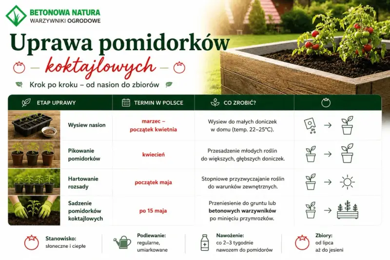Uprawa pomidorków koktajlowych krok po kroku: od wysiewu nasion po zbiory. Poradnik zawiera terminy i wskazówki.