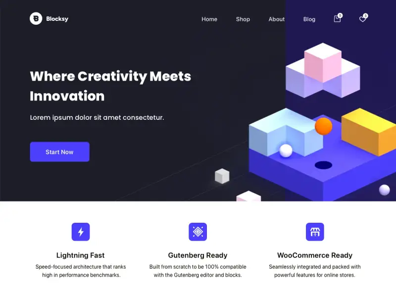 Le thème **Blocksy** présente une page d'accueil moderne avec des blocs 3D colorés et des fonctionnalités clés comme "Lightning Fast" et "WooCommerce Ready".
