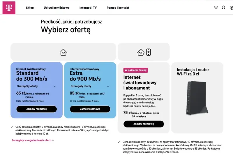 Pakiety t mobile: Internet światłowodowy Standard do 300 Mb/s za 65 zł/mies. i Extra do 900 Mb/s za 85 zł/mies. Dostępne też pakiety z abonamentem.