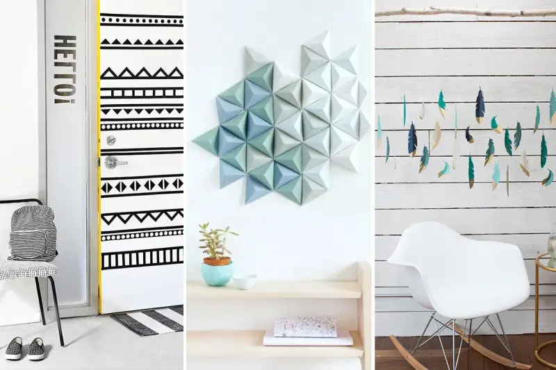 Inspirujące dekoracje DIY: drzwi w etniczne wzory, geometryczna ozdoba na ścianę i piórka-girlanda.