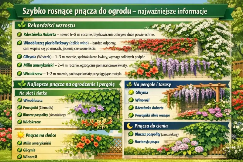 Szybko rosnące pnącza zimozielone na siatkę: winobluszcz, powojniki, bluszcz, wiciokrzew. Wiele gatunków szybko pokrywa ogrodzenie.