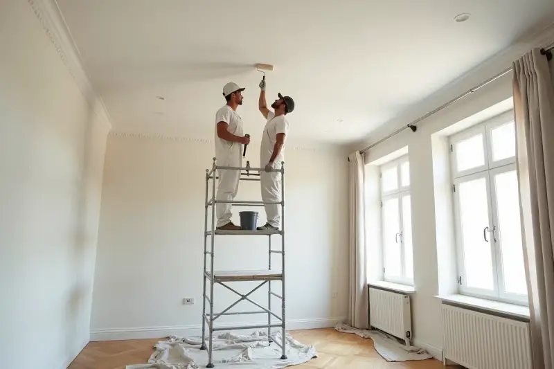 Deux peintres sur un échafaudage peignent un plafond. Ils se demandent combien de temps pour peindre un plafond de 50m2.
