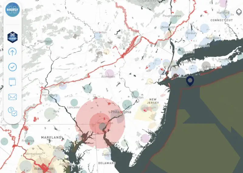 Map showing flight restrictions and drone activity across the Northeast US, with a focus on nj drones.