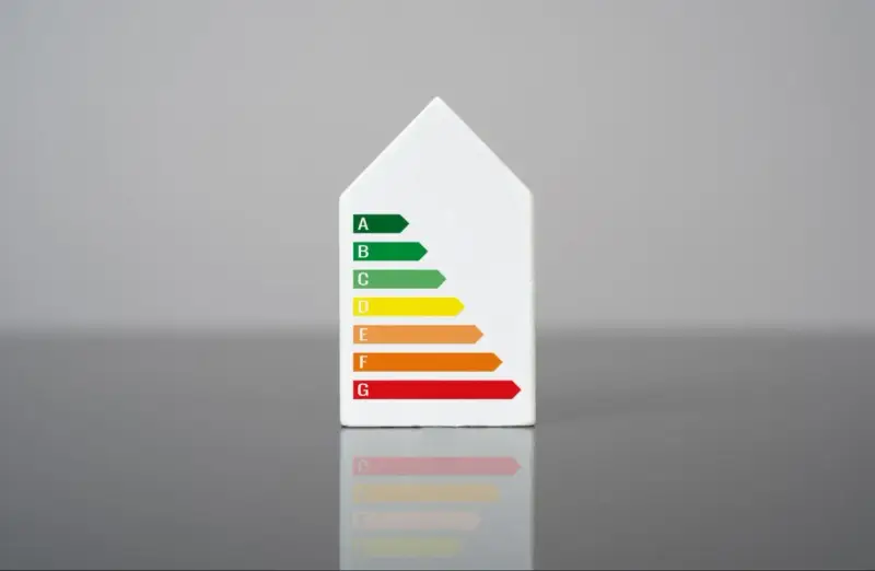 Biały model domu z naklejką klasy energetycznej. Świadectwo energetyczne mieszkania ocenia jego efektywność.
