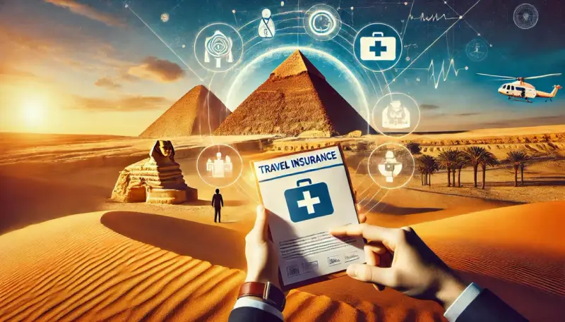 Ubezpieczenie turystyczne Egipt: Piaskowe wydmy, piramidy i Sfinks. W rękach dokument "Travel Insurance" z symbolem apteczki. W tle helikopter i ikony medyczne.