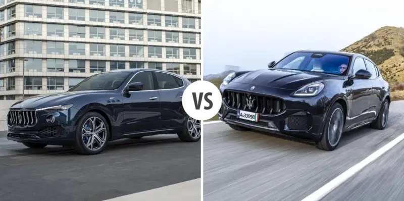 Dwa luksusowe Maserati SUV: jeden elegancki, stojący przed budynkiem, drugi dynamicznie pędzący po górskiej drodze.