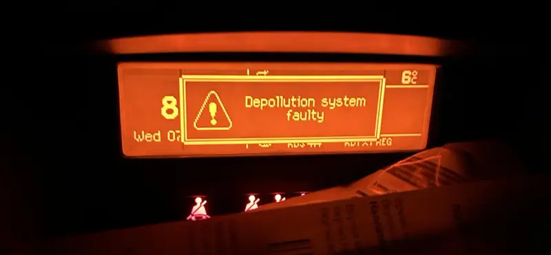 Peugeot 307: komunikat "Depollution system faulty" (usterka układu oczyszczania spalin) na wyświetlaczu.