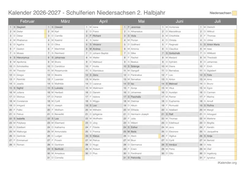 Kalender 2026-2027 mit Monaten und Namen, Schulferien Niedersachsen.