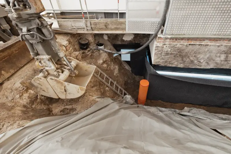 Bagger gräbt Baugrube für Kellerabdichtung. Kosten für Keller trocken legen sind hier sichtbar.