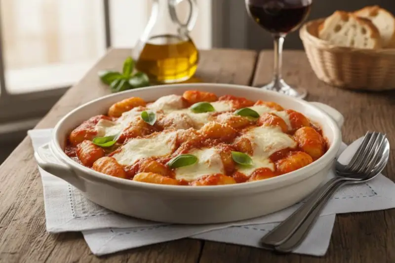 Gnocchi alla sorrentina fumanti, con pomodoro, mozzarella filante e basilico fresco, pronti per essere gustati.