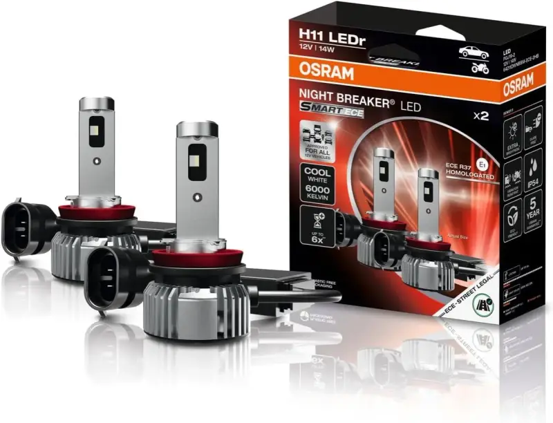 Dwa nowoczesne światła przeciwmgielne przednie LED OSRAM Night Breaker LED Smart ECE w opakowaniu.