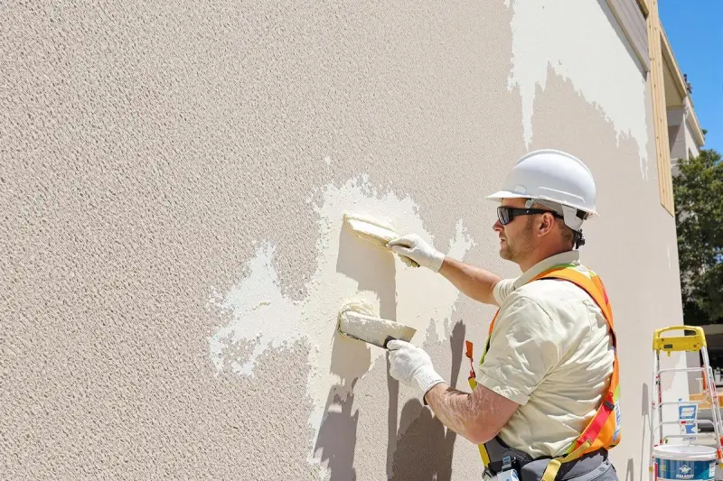 Un ouvrier en casque blanc applique un nouvel enduit extérieur sur un enduit existant, à l'aide de deux truelles.