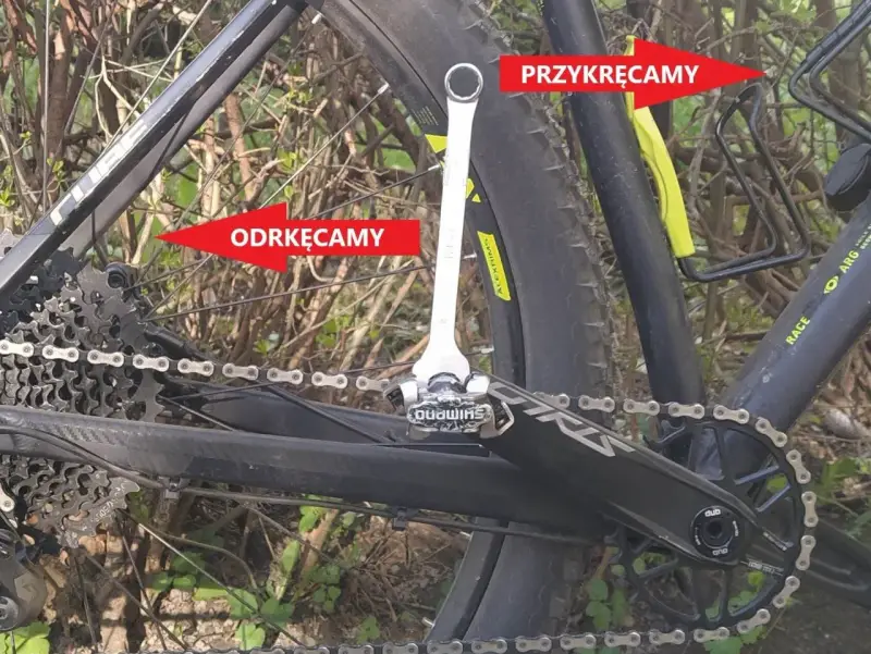 Klucz pokazuje, jaki jest gwint w pedałach rowerowych. Jednym pedałem odkręcamy, drugim przykręcamy.