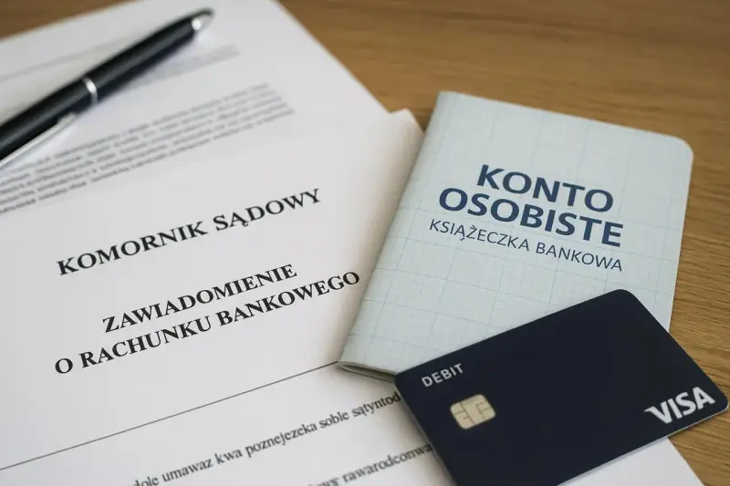 Dokumenty komornicze, książeczka "Konto Osobiste" i karta debetowa. Szybko komornik znajdzie nowe konto, gdy dane są aktualne.