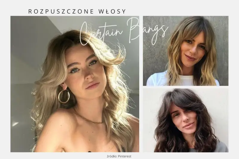Trzy kobiety z rozpuszczonymi włosami. Dwie z nich mają modną grzywkę curtain bangs, która dodaje im uroku.