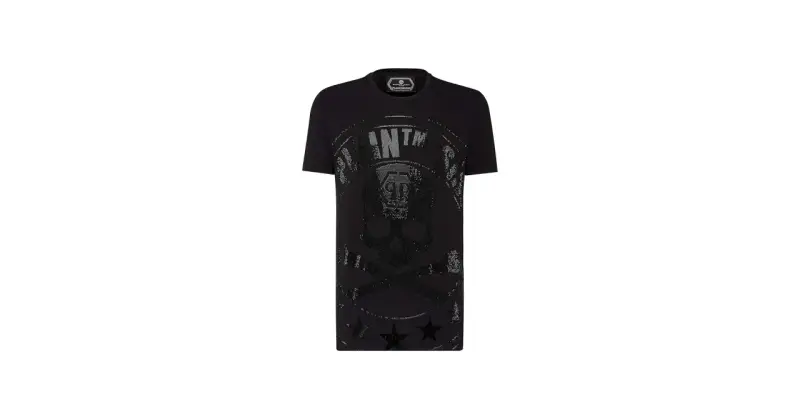 Czarna Philipp Plein koszulka z czaszką i cekinami, ozdobiona gwiazdami.