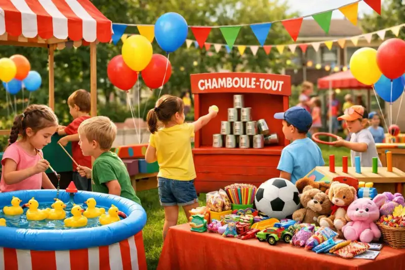 Enfants s'amusant à la kermesse, jeux de chamboule-tout, pêche aux canards, et jouets. 60 idées de jeux pour kermesse.