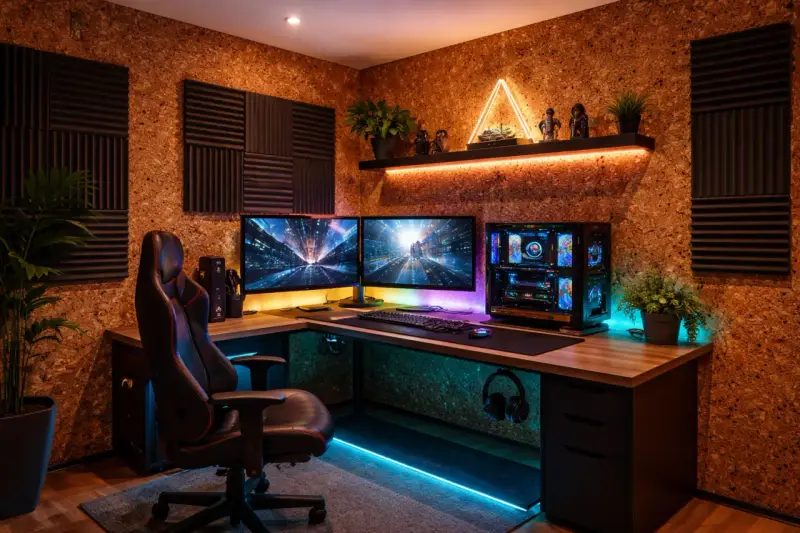 Gamer setup z korkową ścianą i panelami akustycznymi. Idealne miejsce, by dowiedzieć się, jak tanio wygłuszyć pokój.