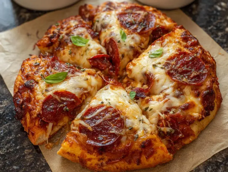 Pyszna pizza pepperoni z ciągnącym się serem, przygotowana w **air fryerze**. Idealna na szybki lunch.