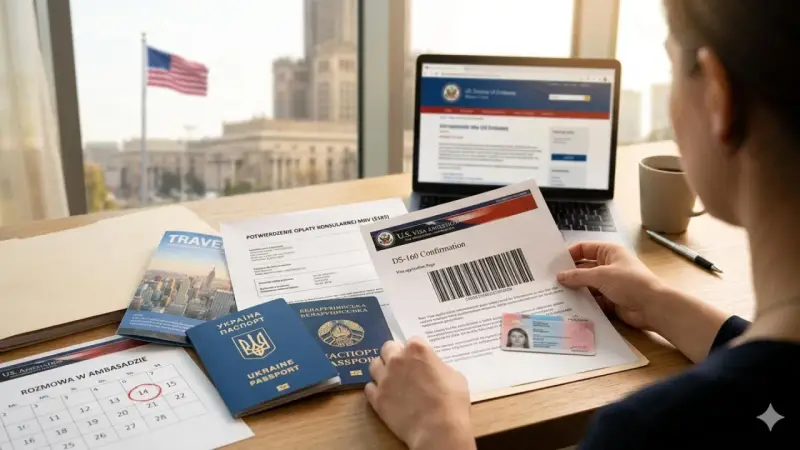 Przygotowanie do rozmowy o wizę do USA: paszporty, formularz DS-160 i kalendarz z zaznaczoną datą.