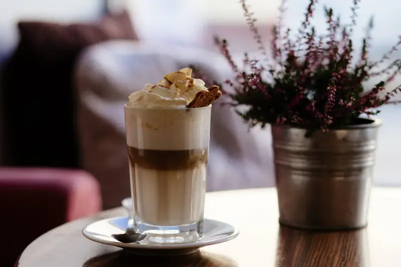 Ein hoher Frappe Espresso mit Sahne, Zimt und einem Keks. Daneben eine Topfpflanze.