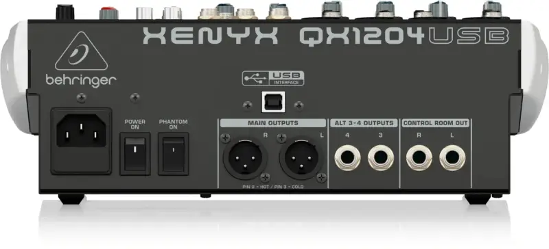 Tył miksera Behringer Xenyx QX1204USB z wejściem zasilania, przełącznikami Power/Phantom, USB, wyjściami Main, Alt i Control Room.