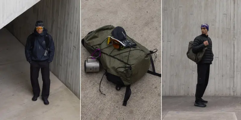 Gorpcore-Style: Männer in funktionaler Outdoor-Kleidung, Rucksack mit Ausrüstung, bereit für jedes Abenteuer.