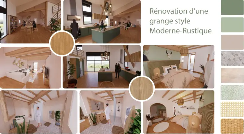 Ambiance chaleureuse et moderne-rustique pour votre maison. Inspiration pour une rénovation de grange avec des matériaux naturels et un design épuré.