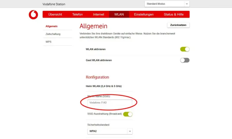 Hier siehst du, wo du den Netzwerknamen (SSID) für dein Heim-WLAN findest: "Vodafone-714D".