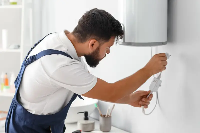 Tecnico con tuta blu controlla la caldaia. La manutenzione caldaia a chi spetta? Al tecnico specializzato, per la sicurezza di tutti.