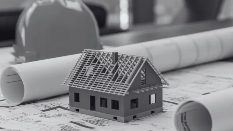 Model domu na planach budowlanych, z widoczną szerokością elewacji frontowej. Obok kask budowlany i zwinięte projekty.